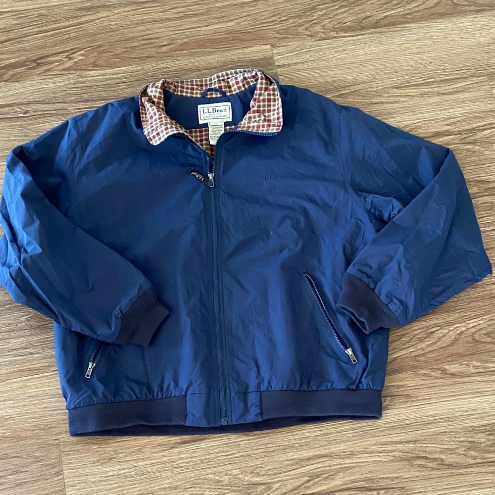 L.L. Bean men’s Navy Jacket with Checkered flannal Collar bomber windbreaker XL - Picture 1 of 8